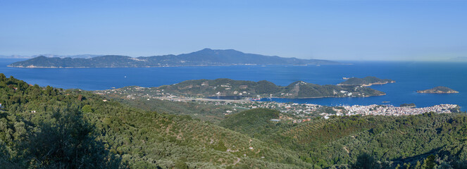 Skiathos Panorama picture of the town and Sporades islands, including the airport. Holiday and vacation picture. 