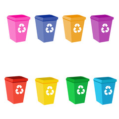 Rubbish bins for recycling different types of waste. Garbage containers for trash sorted by plastic, organic, e-waste, metal, glass, paper isolated on transparent background.