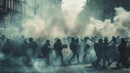 Naklejka premium A line of riot police in full gear advances through a cloud of smoke during a protest. The scene is chaotic and tense, with the officers faces obscured by their helmets and shields.