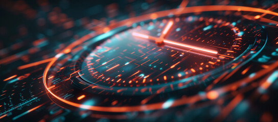 Abstract futuristic speed time background with digital clock and data flow hologram, cyber technology concept.