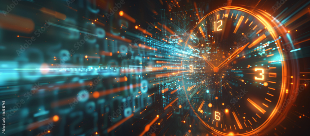 Fototapete abstract futuristic speed time background with digital clock and data flow hologram, cyber technolog