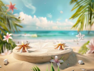 Obraz premium Beach podium summer background sand product 3D sea display platform. Beach podium summer banner stand scene sale sky holiday vacation stage water island sun travel pedestal promotion presentation ad.