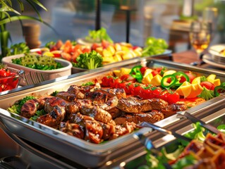 Obraz premium Catering buffet food indoor in restaurant with grilled meat.