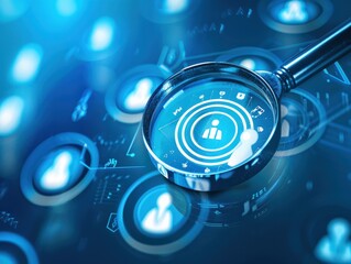 Closeup of magnifying glass with target and person icons on blue background, symbolizing horizon for potential new customer or employee. AI