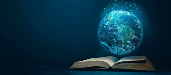 An open book with a glowing digital earth icon floating above it, symbolizing the global reach of knowledge