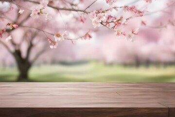 Empty wood table top with soft spring landscape blurred background
Generative AI