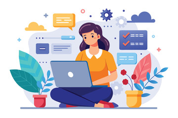 Fototapeta premium A woman seated on the floor with her laptop and plants, engaged with her laptop, remote work, woman sitting with laptop, online education concept, distance learning concept flat illustration for work