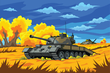 Fototapeta premium A destroyer battle field tank ready for attacking, a tank going through a yellow field.
