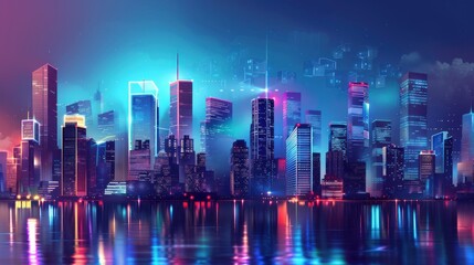 Obraz premium A futuristic cityscape with neon lights and a purple sky is vibrant and energetic scene