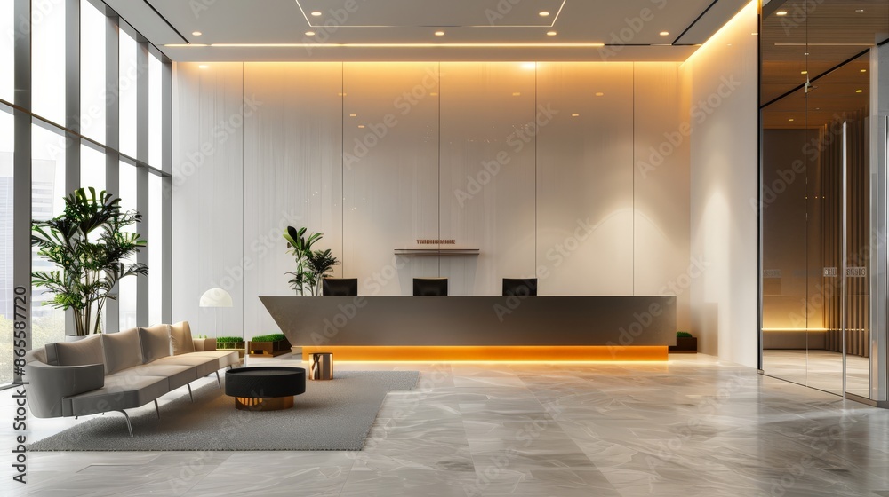 Poster spacious office lobby with a large reception desk and modern furnishings. ideal for corporate and pr