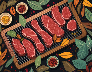 Grill barbecue illustration. Barbecue grill top view with sausages, mushrooms and tomatoes. BBQ picnic party concept. Simple, geometric, modern style. BBQ background for cover, poster, animation.