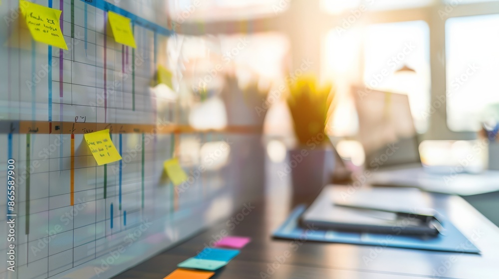 Poster office with sticky notes on a glass wall and sunlight streaming through the windows. ideal setting f