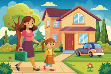 Naklejka premium Mother and daughter walking in front of house with luggage, smiling.