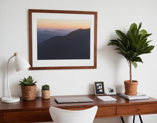 Home Office with Sunset Artwork and Potted Plants