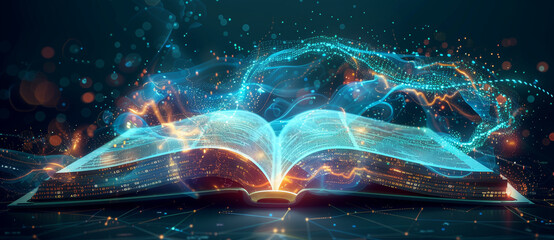 An open book with a glowing digital globe, symbolizing global knowledge and technology.