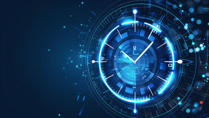 Blue time clock digital technology background vector presentation design