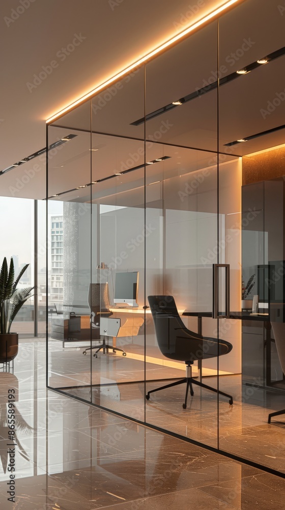 Poster Bright and modern office space with large windows and greenery. Perfect for productive work environments and business settings