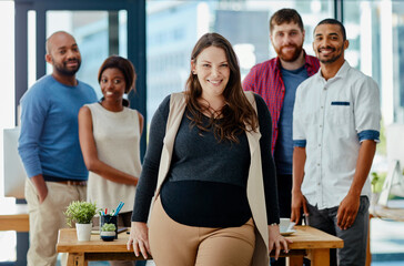 Portrait, woman and leadership in office for project, management and business development. Diversity, teamwork and happiness together in conference room for collaboration and international company