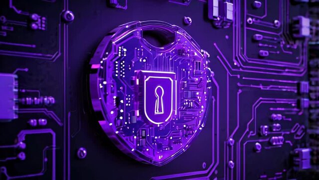 Violet neon lock symbol on electonic digital circuit board. Concept of the spread of security and data protection, cyber security, technology, digital security and IT infrastructure. AI