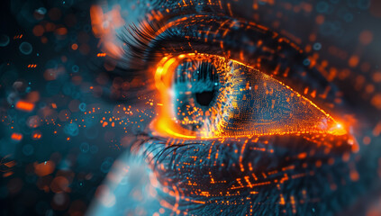 A close up of an eye with digital code and data flowing through it
