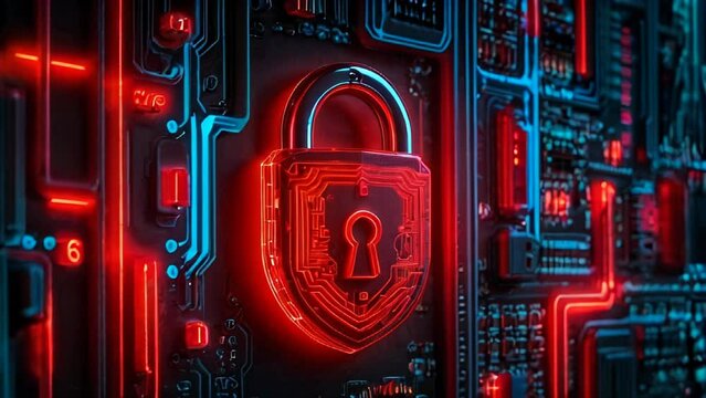 Red neon lock symbol on electonic digital circuit board. Concept of the spread of security and data protection, cyber security, technology, digital security and IT infrastructure. AI