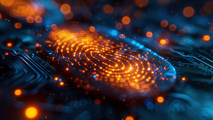 Fergency blue glowing digital identity biometric technology concept, close up of electronic fingerprint on circuit board background.