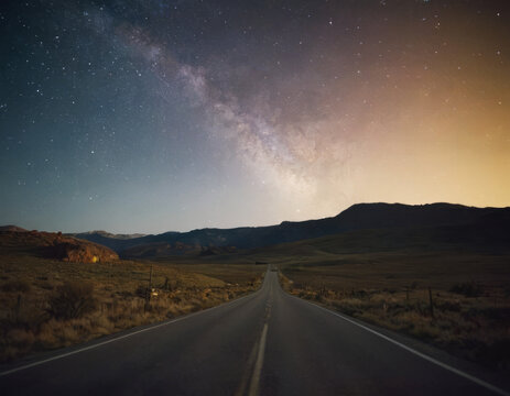 Un cielo stellato brilla sopra una tranquilla campagna, punteggiato da infinite stelle scintillanti.
