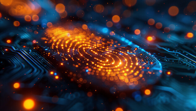 Fergency blue glowing digital identity biometric technology concept, close up of electronic fingerprint on circuit board background.