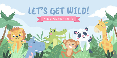 Children s animals background. Cute animals in the jungle. Vector illustration in flat style