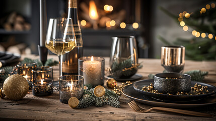 Obraz premium Festive Dinner Elegance. A sophisticated table setting adorned with glassware, candles, and holiday decorations, creating a warm and celebratory ambiance.