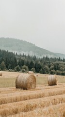 Fototapeta premium A field of hay bales with a view of mountains in the distance on a sunny day