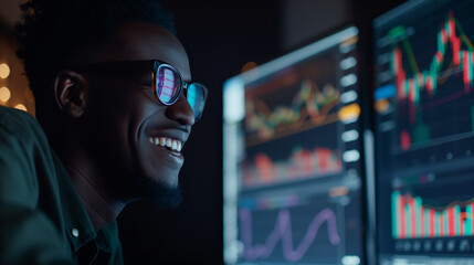 Individual smiling at a computer screen displaying rising stock prices, dynamic graphs and charts, upper third copy space