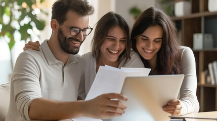 Happy couple reviewing financial plans with an advisor, focused and satisfied expressions, upper third copy space