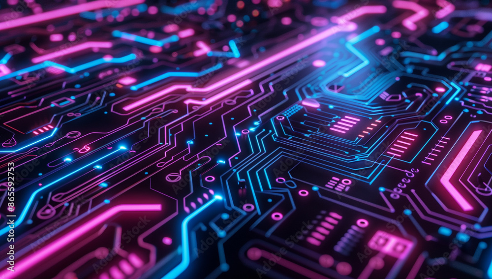 Poster a close up of an intricate circuit board with neon lights, representing the complexity and technolog