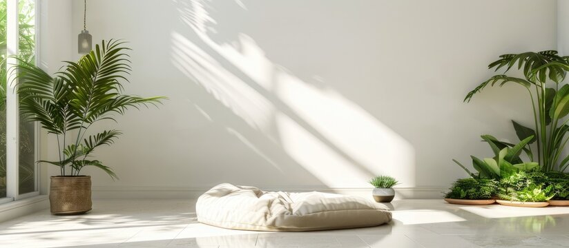 White room with garden background featuring an unoccupied dog bed and empty space for text.