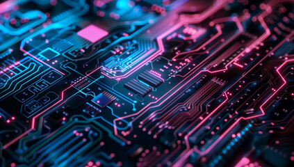Fototapeta premium A close up of an intricate circuit board with neon lights, representing the complexity and technology behind artificial intelligence.