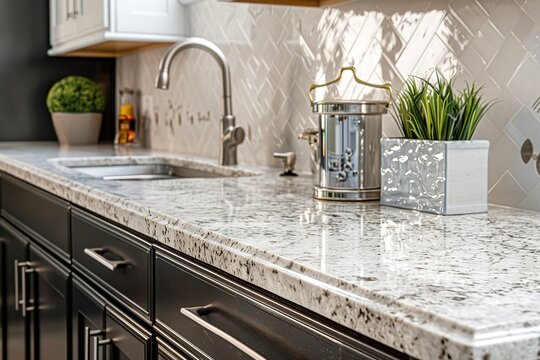 Elegant kitchen interior with marble countertops and herringbone