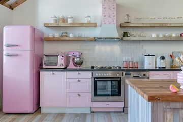 Pink retro kitchen appliances on wooden counter with wall shelve