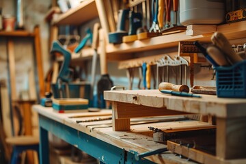 Carpentry workshop with tools and wood pieces on workbench