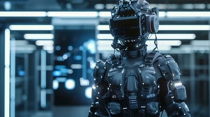 Futuristic soldier wearing a helmet and body armor. The soldier is standing in a dark room with bright lights in the background.