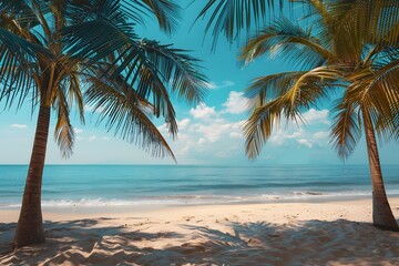 Serene Tropical Beach with Palm Trees and Clear Blue Sky