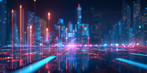 Fototapeta premium A digital rendering of an abstract financial graph with glowing lines and upward arrows, set against a dark background with blurred city lights in the distance.