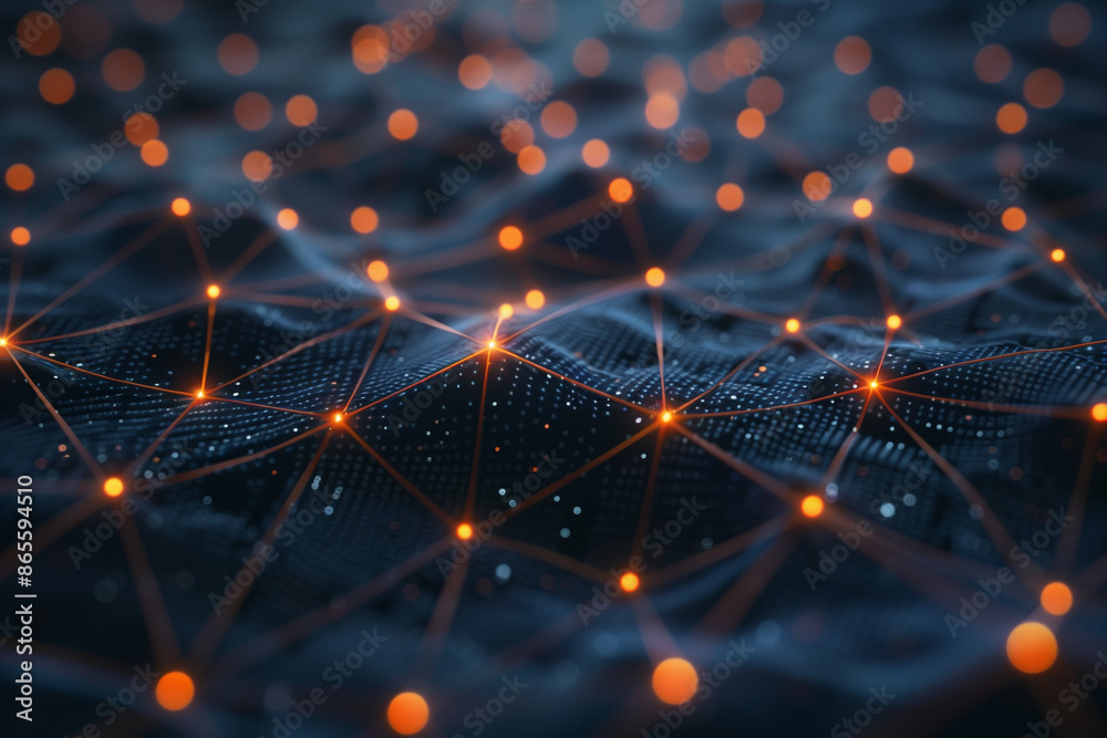 Poster a digital rendering of an abstract network landscape, with glowing connections representing data flo