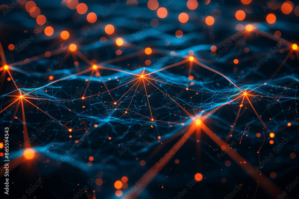 Poster a digital rendering of an abstract network landscape, with glowing connections representing data flo