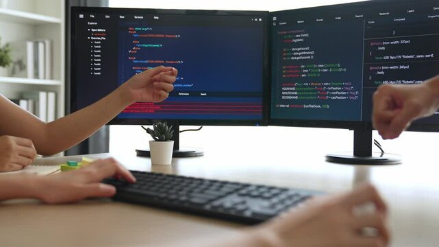 Slow motion back end software developer engineer for computer programming working together on debugging writing computing code, solving complex algorithms display on monitor in office. Burgeoning