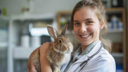 a smiling female veterinarian holding cute rabbit at the clinic 