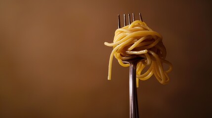Forkful of Spaghetti on a Brown Background