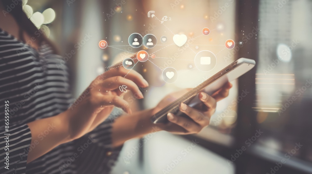Aufkleber Person holding smartphone with social media network icons floating in the air. Concept of digital networking and online communication. Ideal for social media strategies and business themes