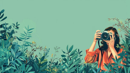 watercolor illustration, vintage postcard, World Photography Day, a photographer girl takes a picture among the grass, blue background, copy space, free space for text