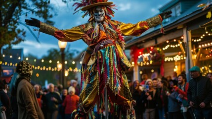 Fototapeta premium A colorful stilt walker in a whimsical costume performs for a crowd gathered at a nighttime market. The performers vibrant attire and outstretched arms create a dynamic and engaging scene.